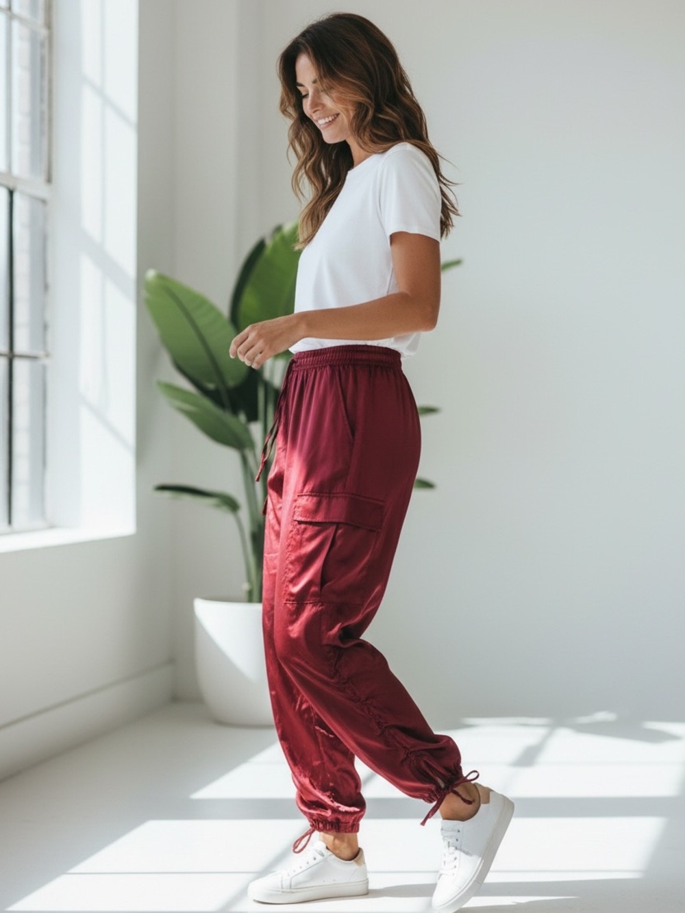 City Chic Satin Cargo Joggers in Burgundy